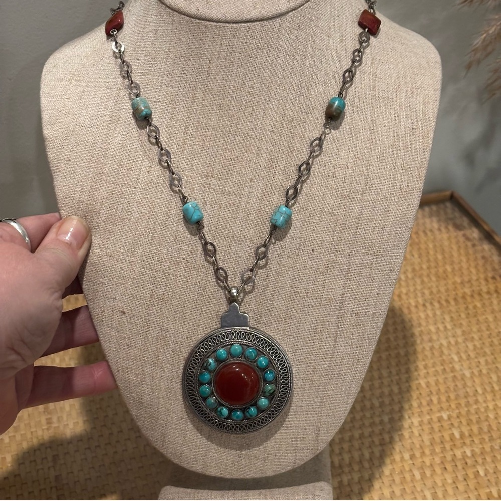Vintage Sterling Silver necklace and large pendant with Turquoise and Carnelian